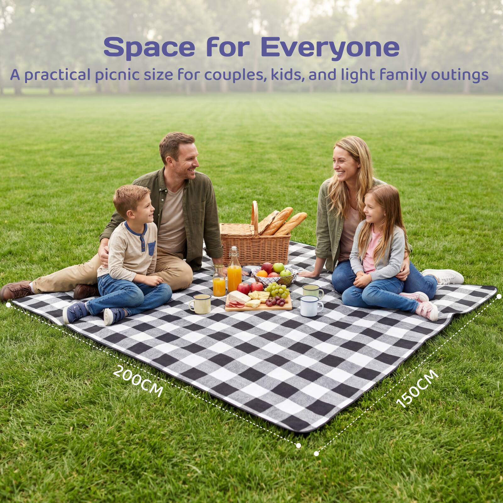 Space for Everyone  
A practical picnic size for couples, kids, and light family outings  
200CM 150CM
