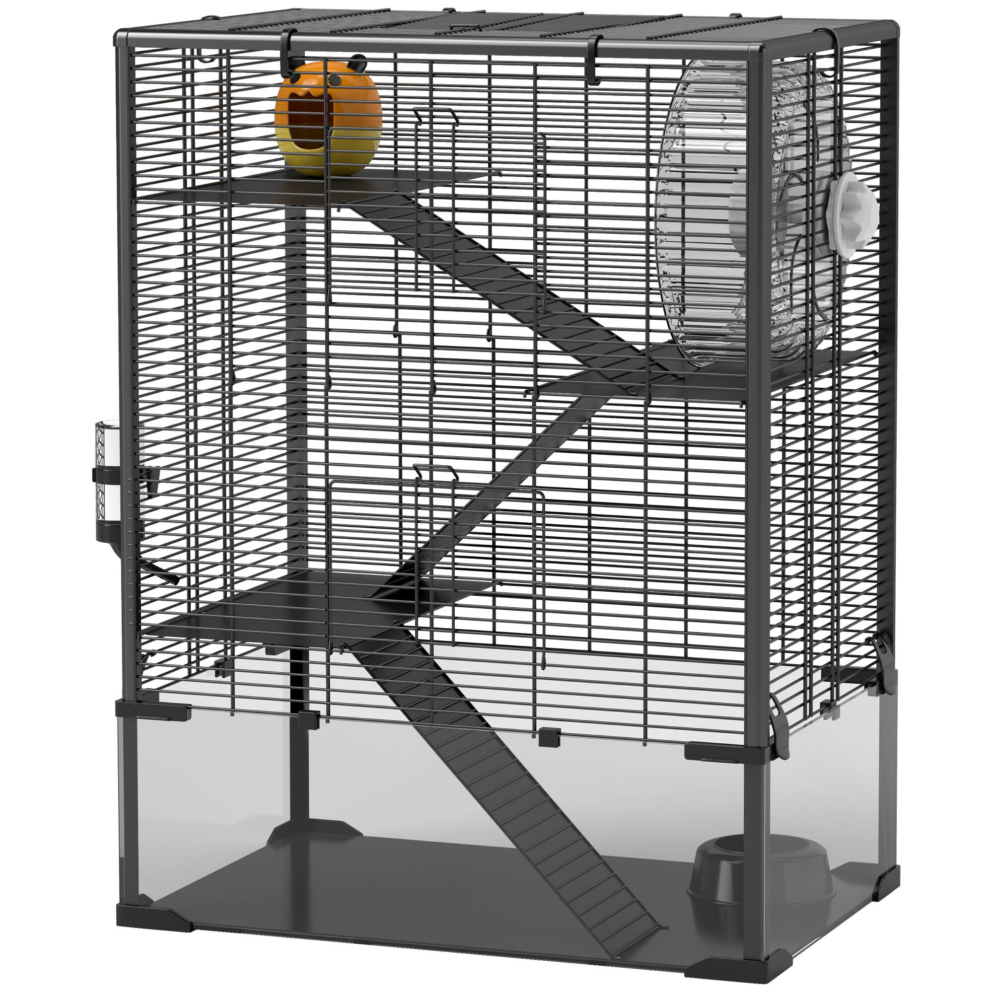 Front. Pawhut - Tier Hamster Cage with Deep Tempered Glass Bottom, Running Wheel, Hut, Water Bottle, Food Dish.