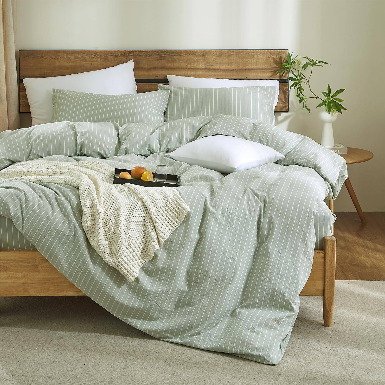 Alt View 4. PO3TICJUNKI3 - Striped Duvet Cover Set Washed Cotton Linen Feel Wrinkle Comfy Lightweight Bedding full Wide Stripe - Wide Stripe-white/Green-Full(80" x 90").