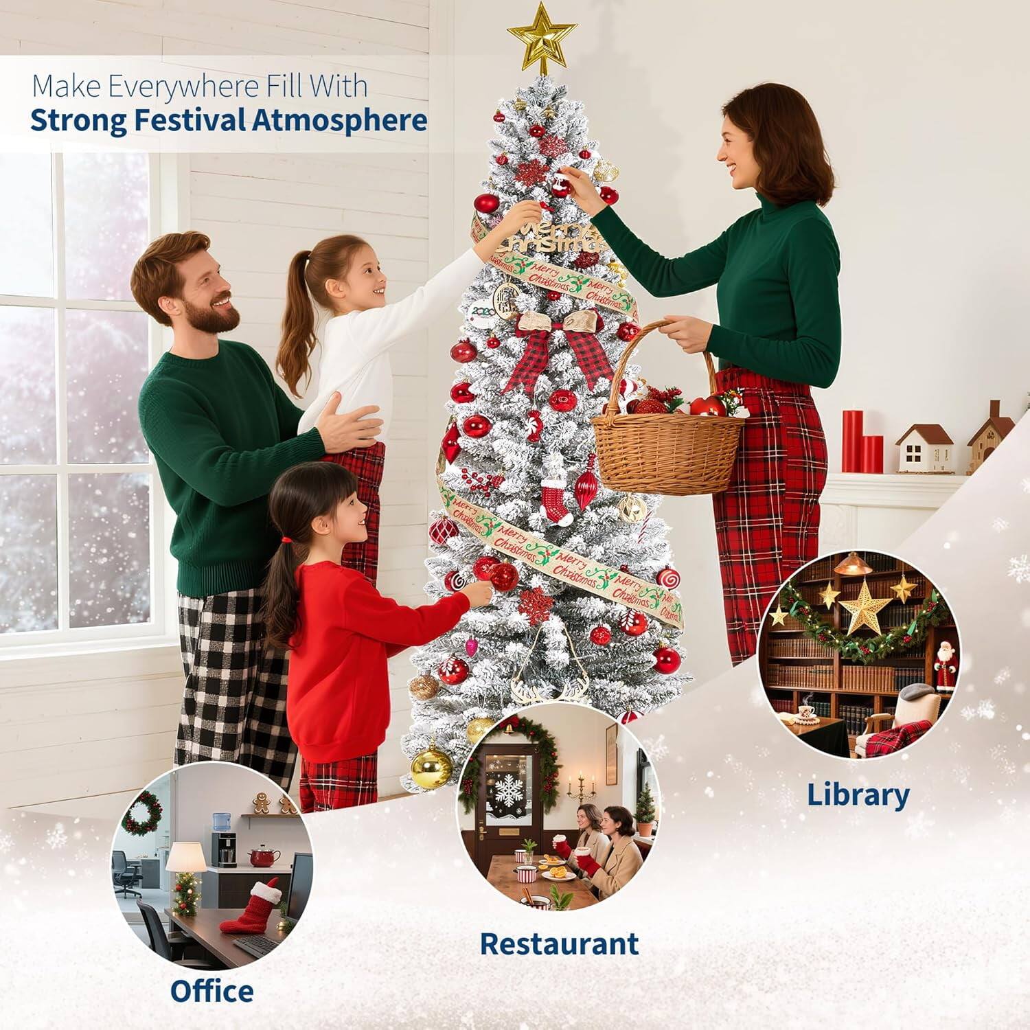 Alt View 1. Qeetex - 9ft Flocked Pencil Christmas Tree, Pre-lit Slim Frosted Artificial Tree with Warm White LED Lights - Green 9ft.