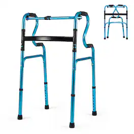 Costway - One-button Folding Walker Aluminum Walking Frame with Adjustable Height - Navy