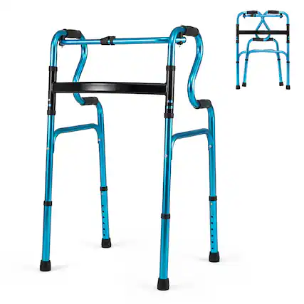 Front. Costway - Costway One-button Folding Walker Aluminum Walking Frame with Adjustable Height - Navy.
