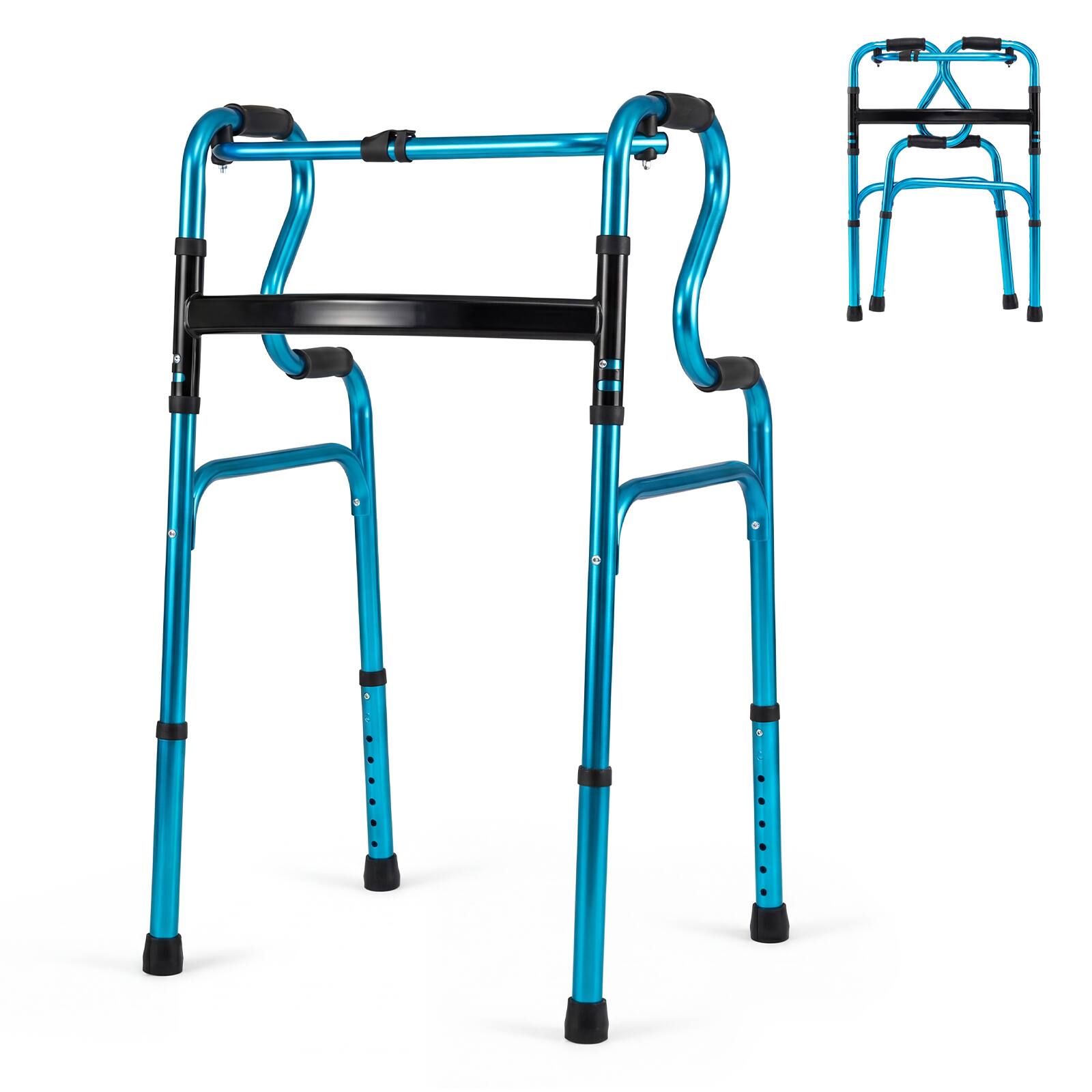 Front. Costway - Costway One-button Folding Walker Aluminum Walking Frame with Adjustable Height - Navy.