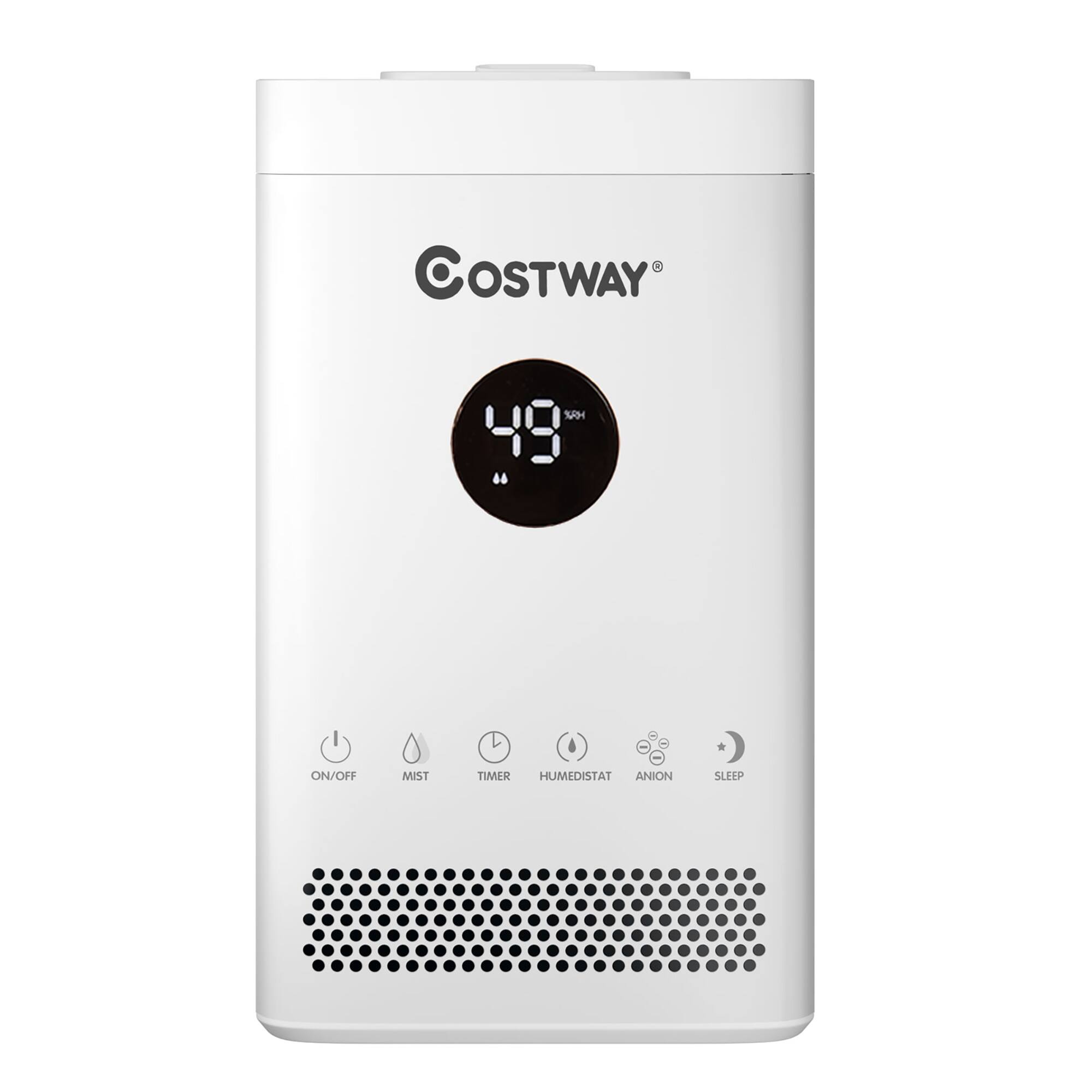 The text on the image reads "COSTWAY 49°C ON/OFF MIST TIMER HUMIDISTAT ANION SLEEP".