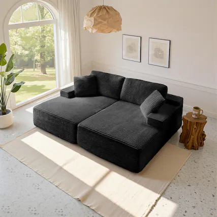 Front. Meqiodas - Oversized Double Lounge Chaise,Cloud Plush Sofa Bed,Modern Corduroy Upholstered Boneless Cloud Sofa Deep Seat - Black.