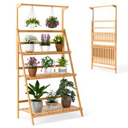 Gymax - 3 Tier Hanging Plant Stand w/ Height Adjustable Hanger Rod Folding Flower Shelf - Natural