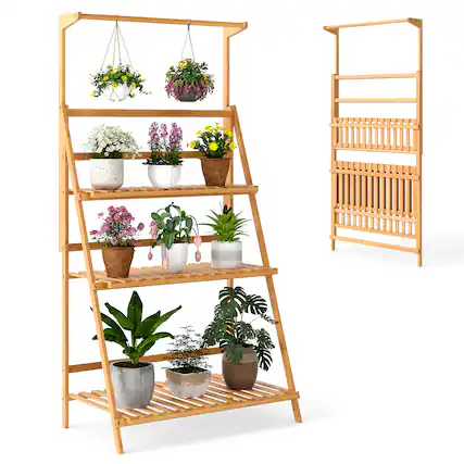 Front. Gymax - Gymax 3 Tier Hanging Plant Stand w/ Height Adjustable Hanger Rod Folding Flower Shelf - Natural.