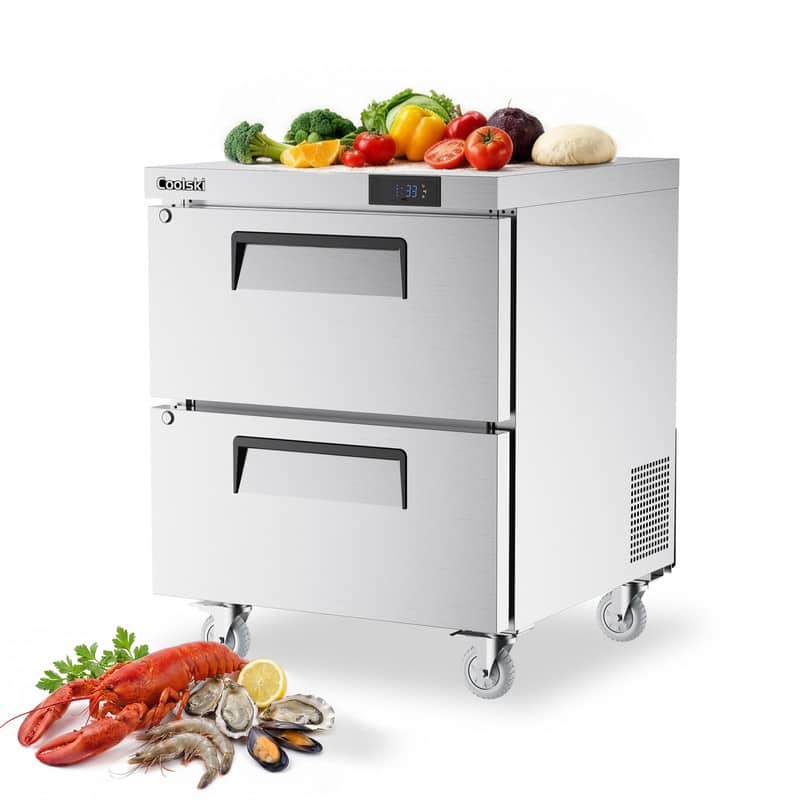 Coolski - 27 in. Commercial Undercounter Worktop Refrigerator With Double Drawer, 5.2 cu. ft. Food Prep Station - Stainless Steel