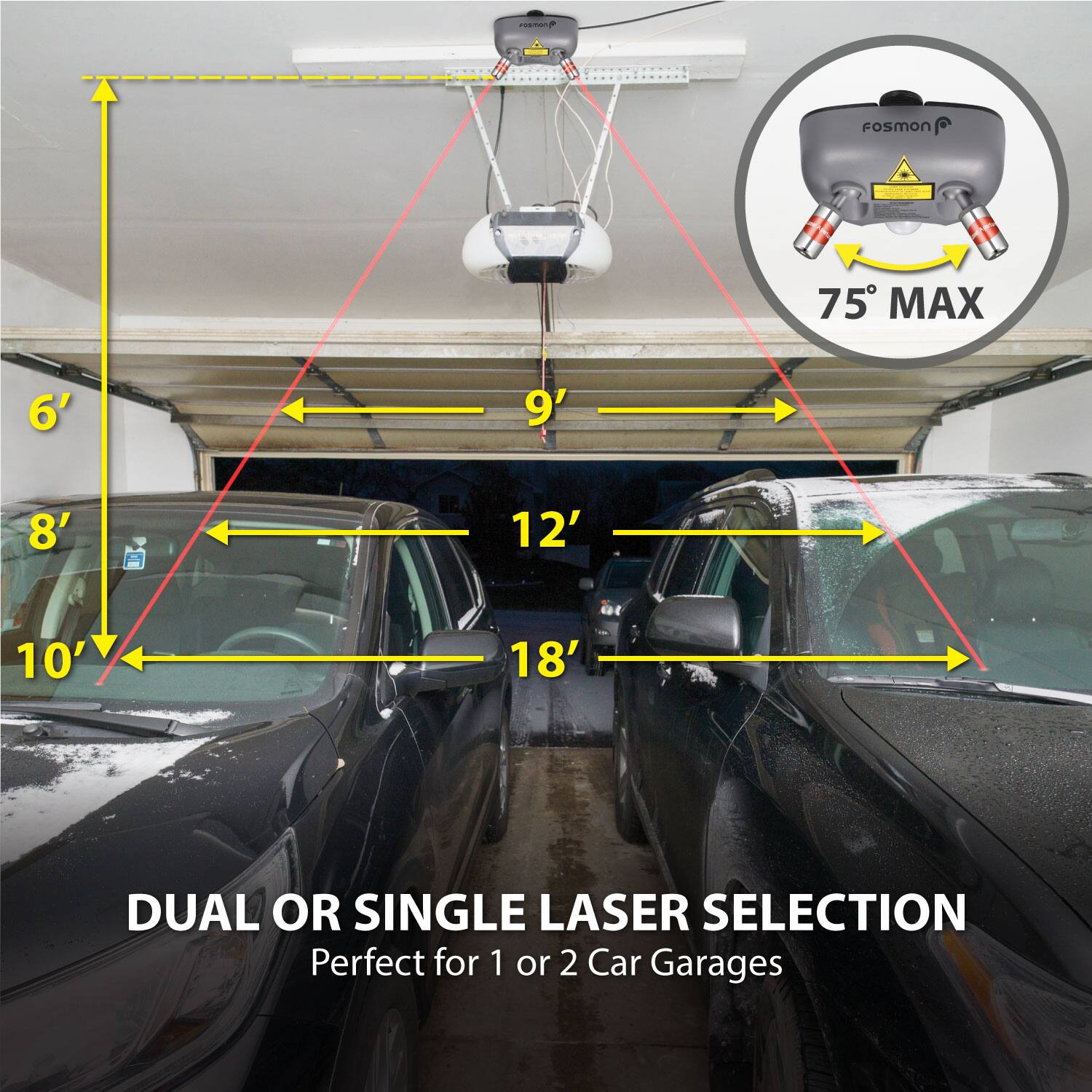 A Fosmon - 75 MAX 6' 9' 8' 12' 10' 18' DUAL OR SINGLE LASER SELECTION Perfect for 1 or 2 Car Garages