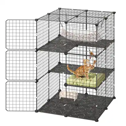 Front. VEVOR - Cat Cage 3-Tier 27.99"x27.99"x40.98" DIY Cat Playpen with Hammock, Indoor Enclosure Detachable Metal Wire Kennel Crate - Black.
