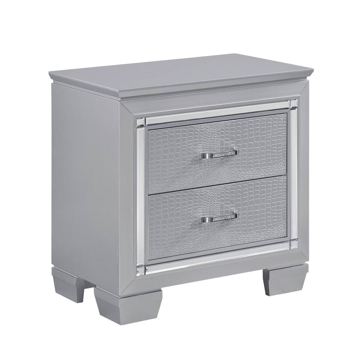 Angle. Loheer - Loheer Silver LED Nightstand with Two Drawers and Mirrored Trim, 28 Inch Glam Bedroom Table - Silver.