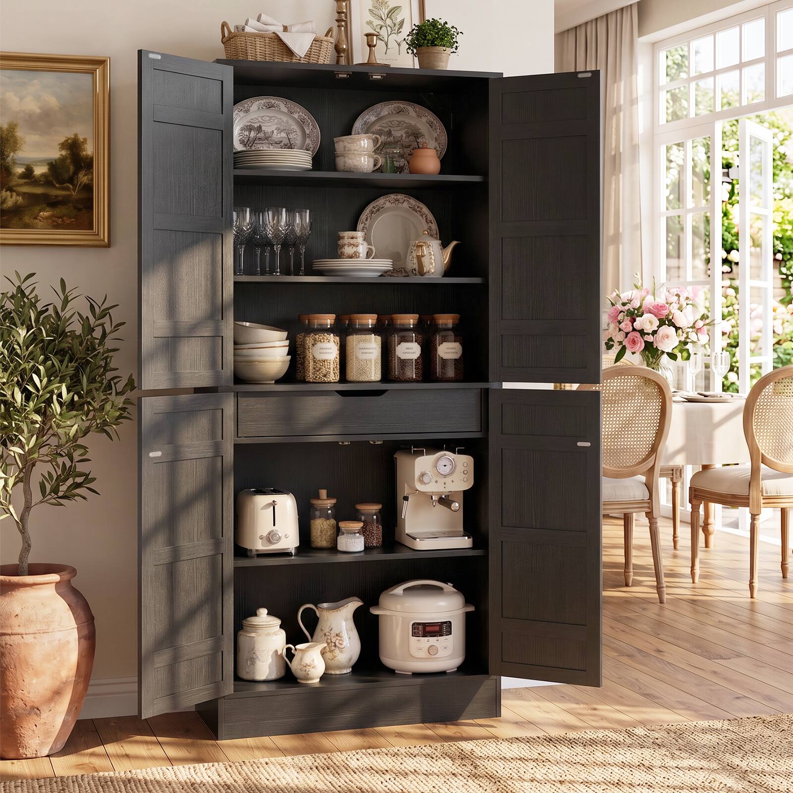 Left. Aheaplus - 70'' Tall Kitchen Pantry Cabinet with Drawer and Adjustable Shelves, 4 Barn Door Pantry for Dining, Kitchen - Black.