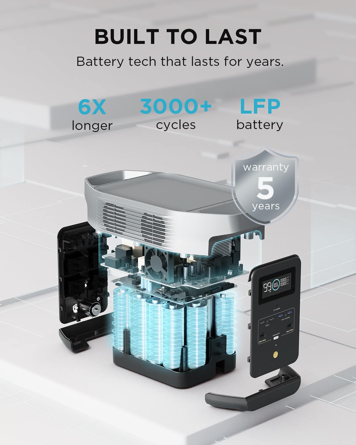 Built to last. Battery tech that lasts for years. 6X 3000+ LFP longer cycles battery warranty 5 years.