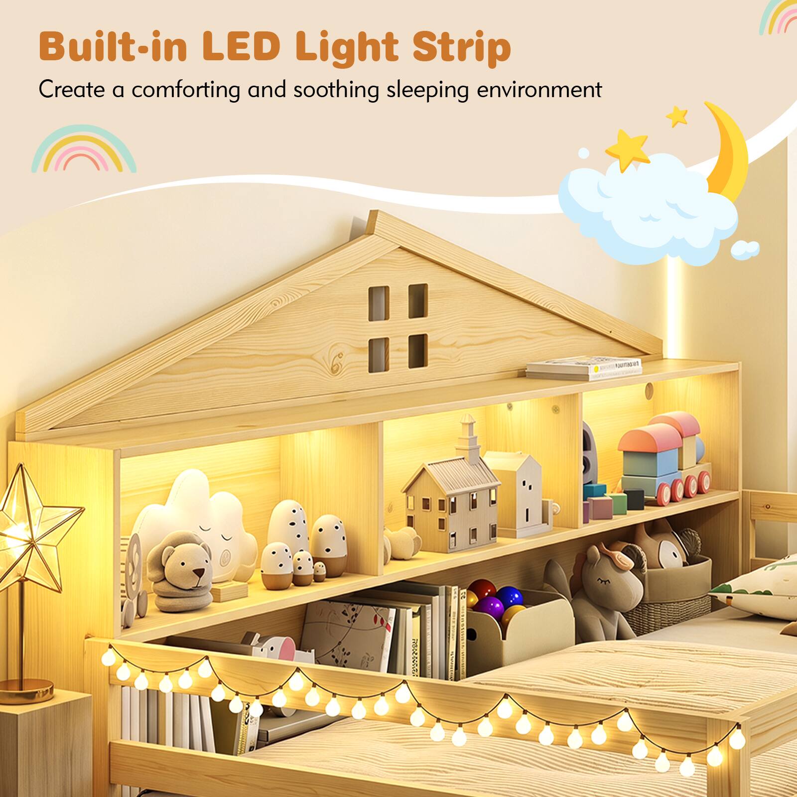 Built-in LED Light Strip  
Create a comforting and soothing sleeping environment