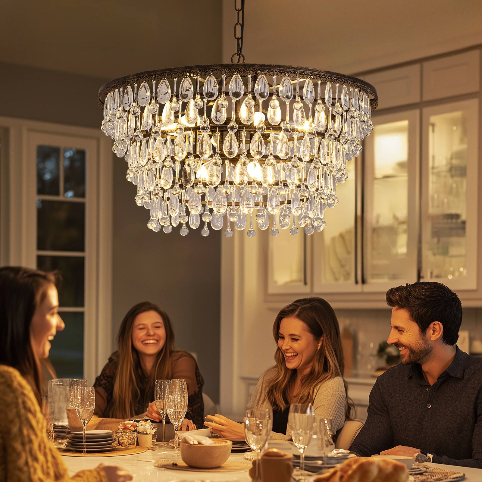 Back. Siljoy - 28-Inch 9-Light Vintage Antique Bronze Crystal Chandelier with Adjustable Chain for Dining Room, Foyer, and Bedroom - Black.