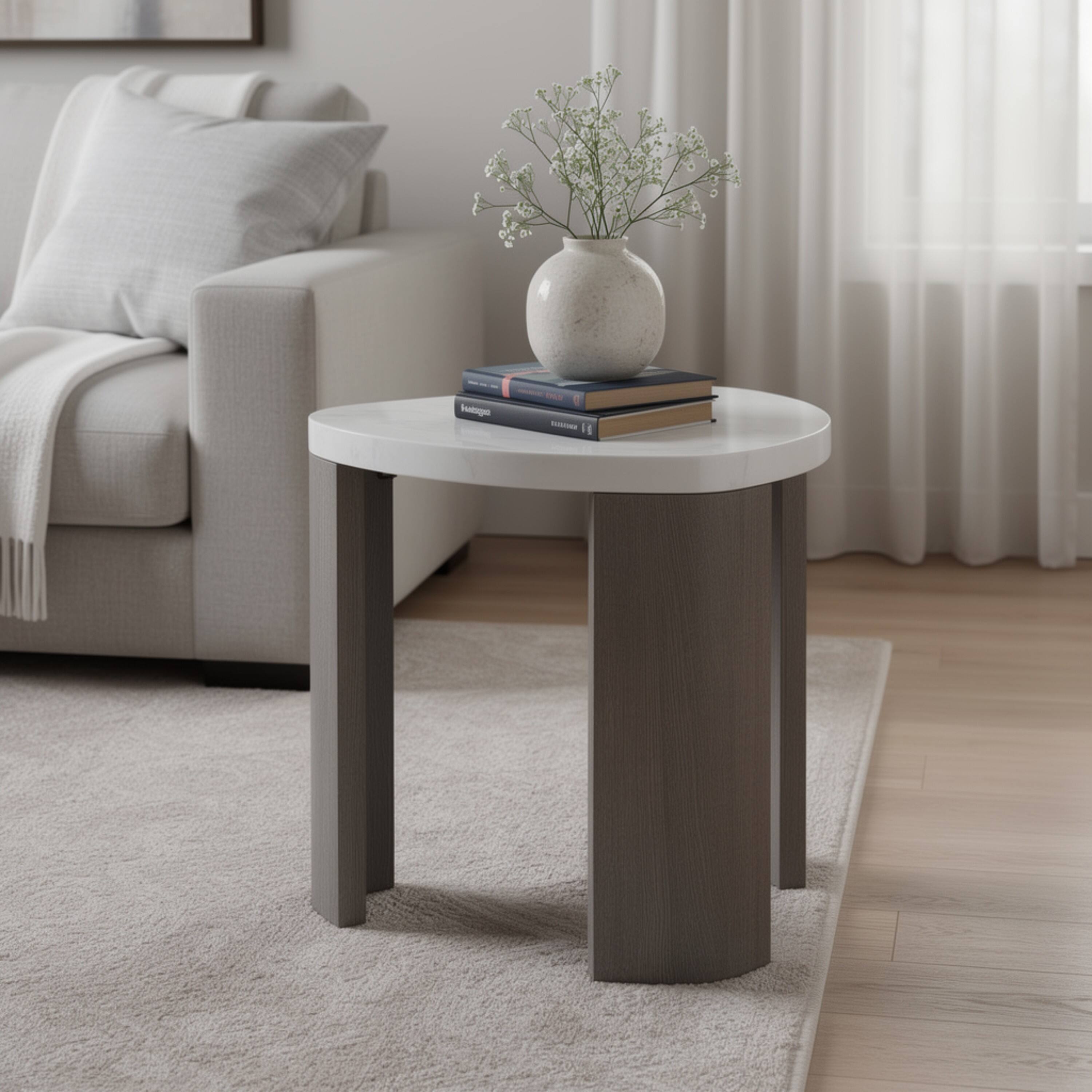 Alt View 4. Manhattan Lane - Lesy Side End Table, 24 Inch Triangular Faux Marble Top - Gray, White.