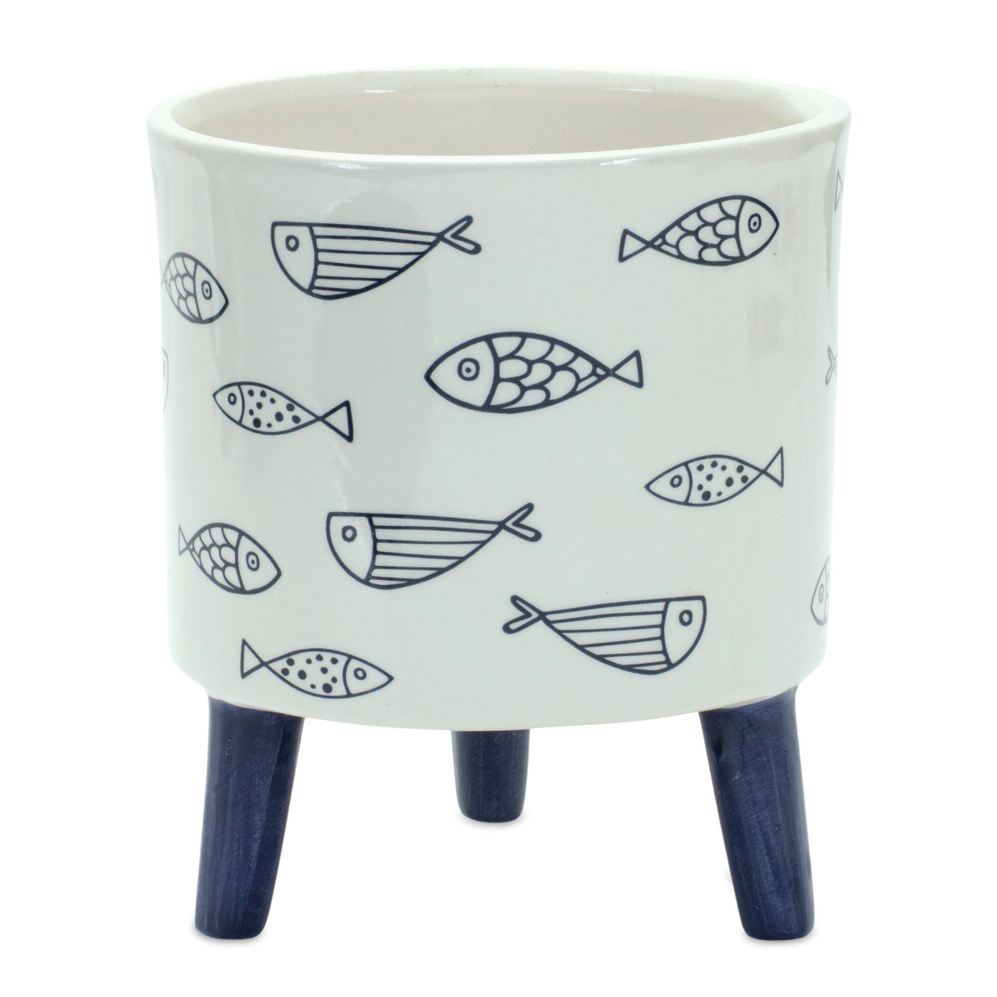 Back. BreeBe - Coastal Fish Pattern Planter with Legs (Set of 12) - Blue, White.