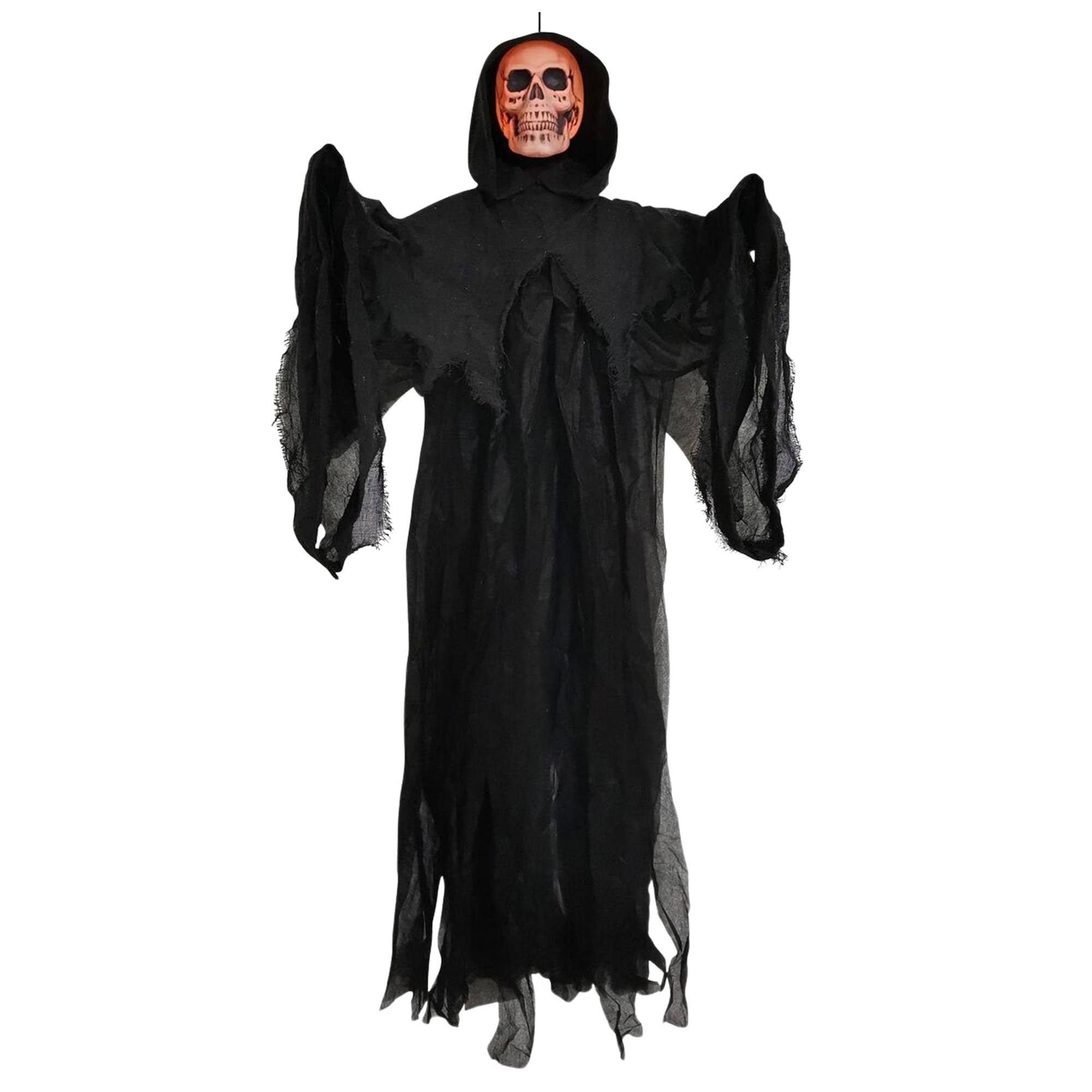 Front. Sunstar - 4 Foot Light-Up Skull Reaper Halloween Decoration - Black.