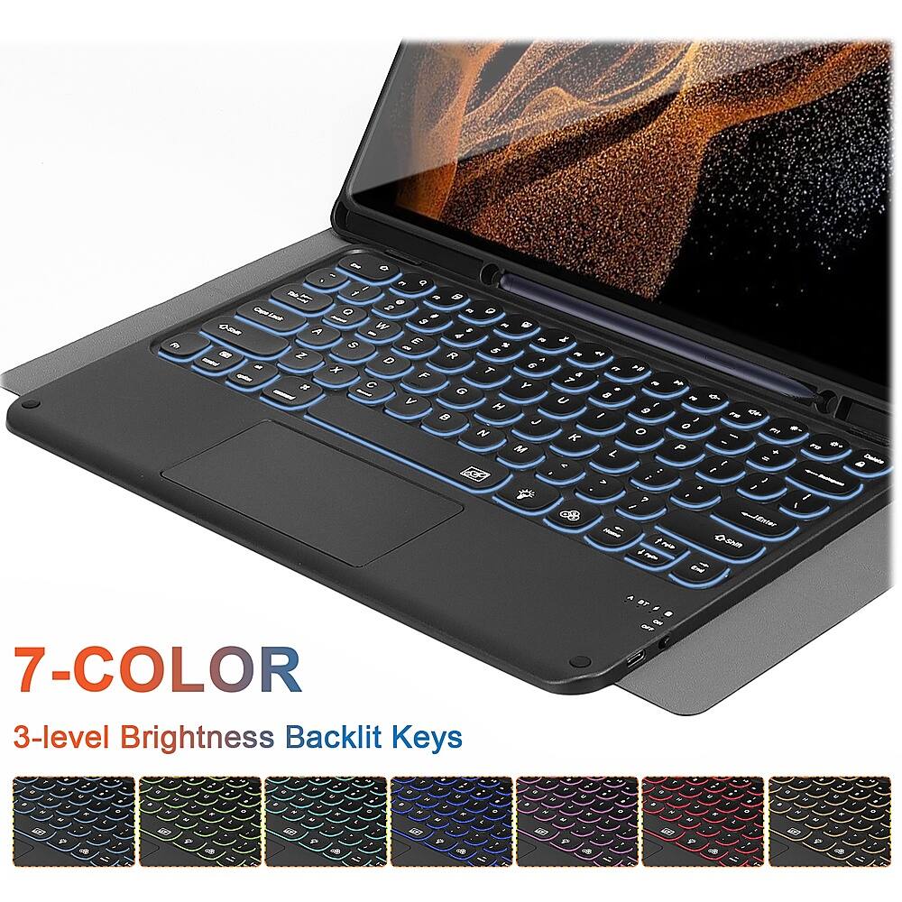The image features a laptop computer with a 7-color backlit keyboard. The keys have a 3-level brightness, providing users with a visually appealing and functional typing experience. The laptop is open and ready for use, showcasing its sleek design and modern features.