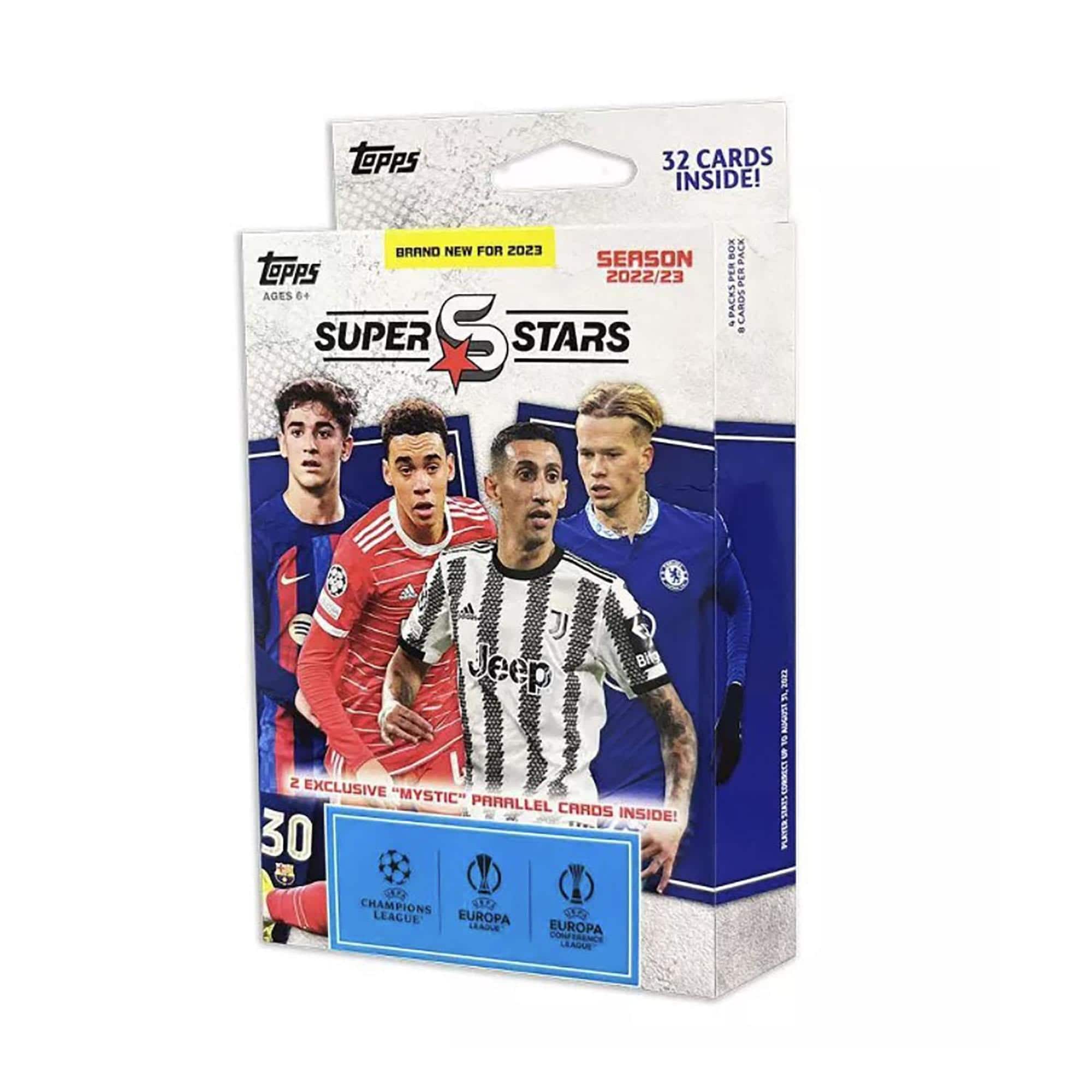 UEFA Topps 2023 Champions League Superstars Soccer Hanger Box | 4 Packs Per Box - Blue
