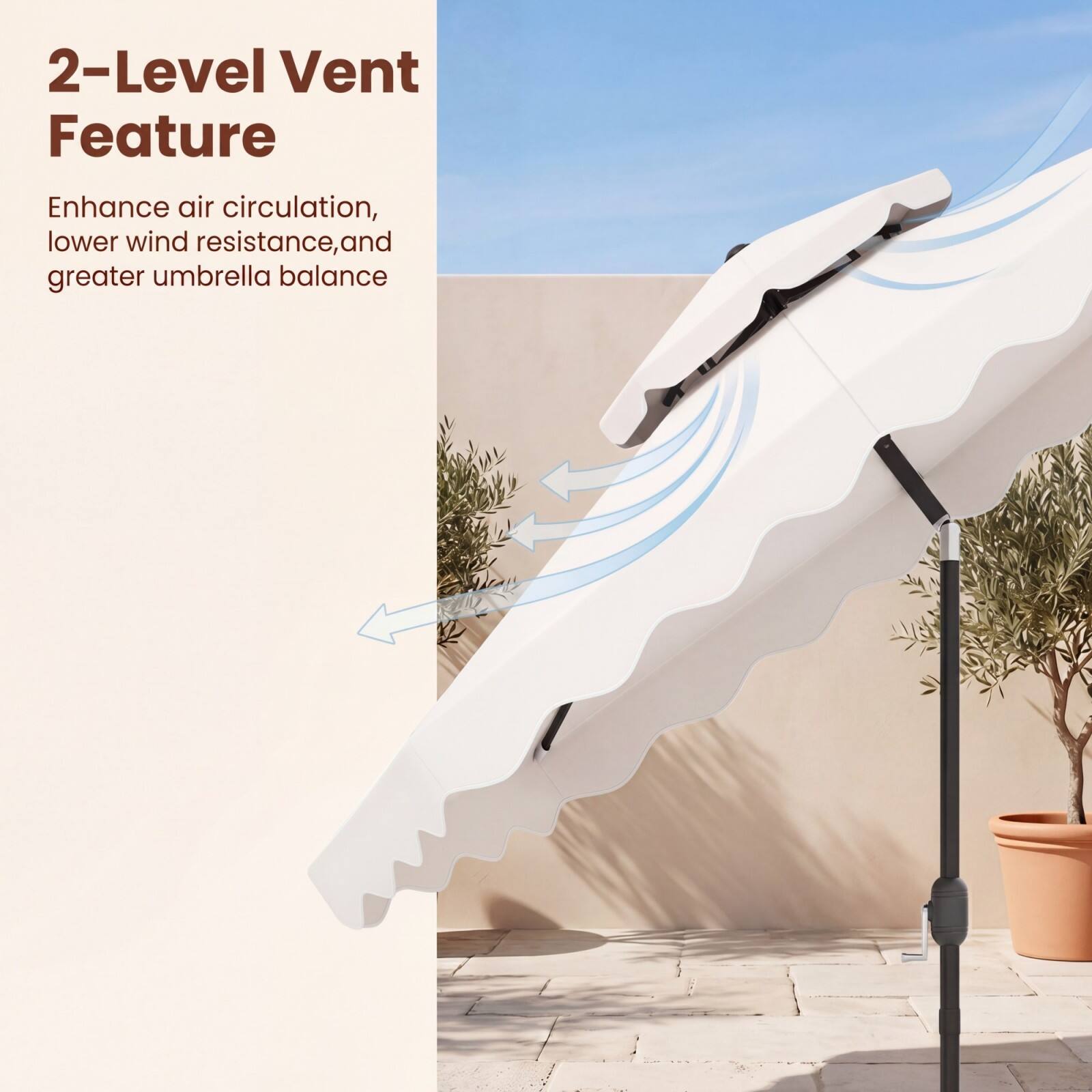 2-Level Vent Feature Enhance air circulation, lower wind resistance, and greater umbrella balance