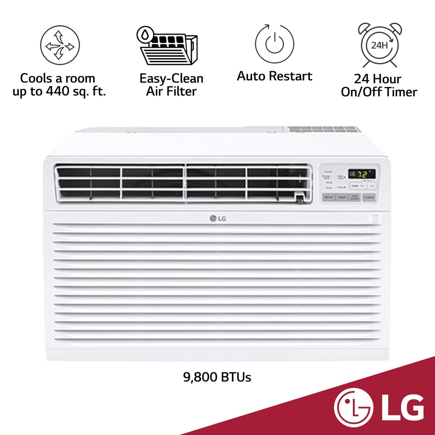 "This LG air conditioner is designed to cool a room up to 440 square feet, and it features an easy-clean air filter, an auto restart function, and a 24-hour on/off timer. It has a capacity of 9,800 BTUs and is suitable for use in various settings."