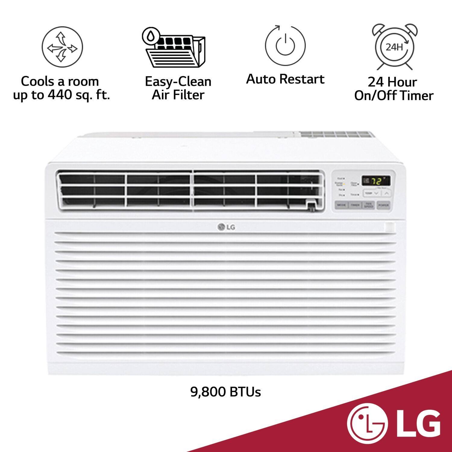 "This LG air conditioner is designed to cool a room up to 440 square feet, and it features an easy-clean air filter, an auto restart function, and a 24-hour on/off timer. It has a capacity of 9,800 BTUs and is suitable for use in various settings."
