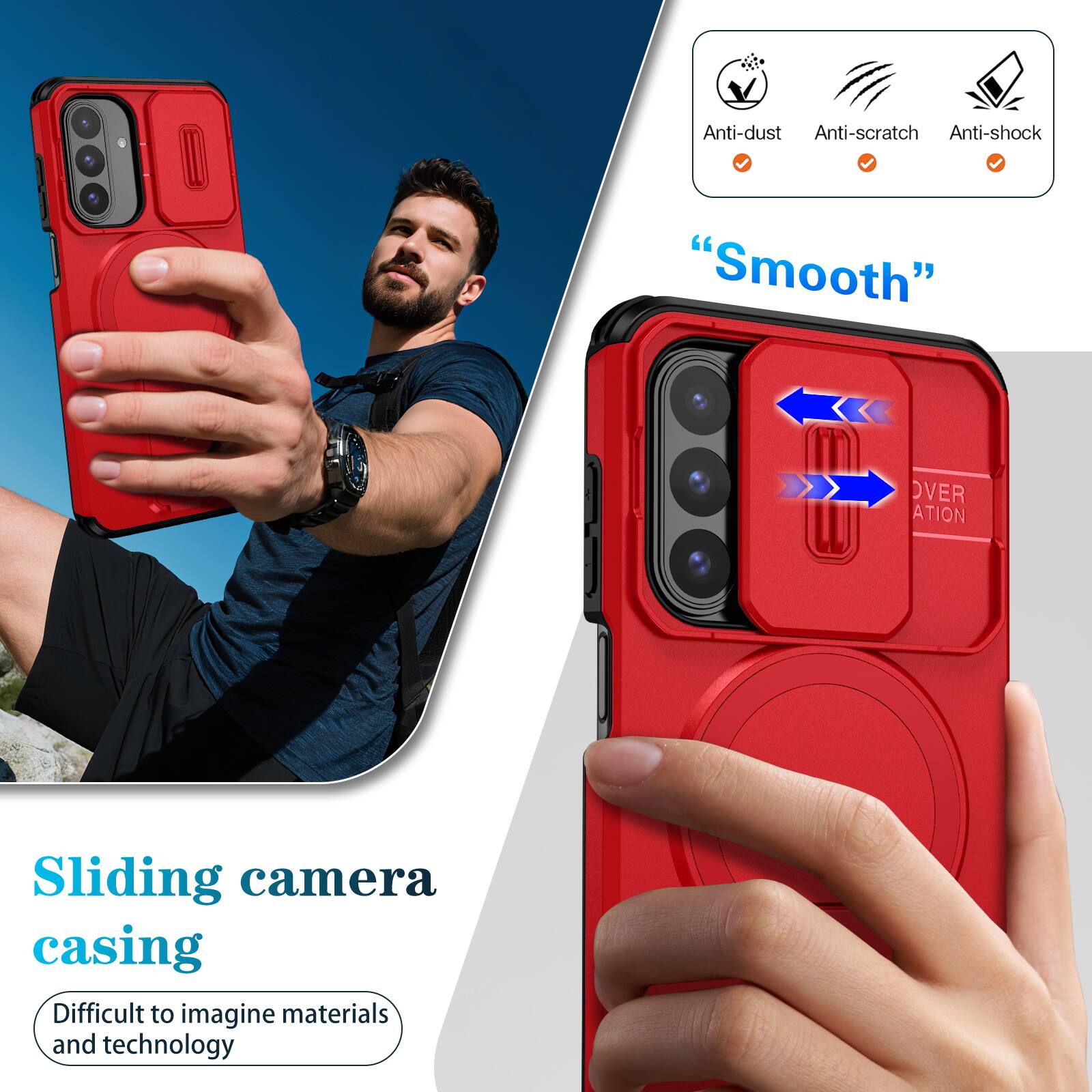 Anti-dust  
Anti-scratch  
Anti-shock  
"Smooth"  
Sliding camera casing  
Difficult to imagine materials and technology