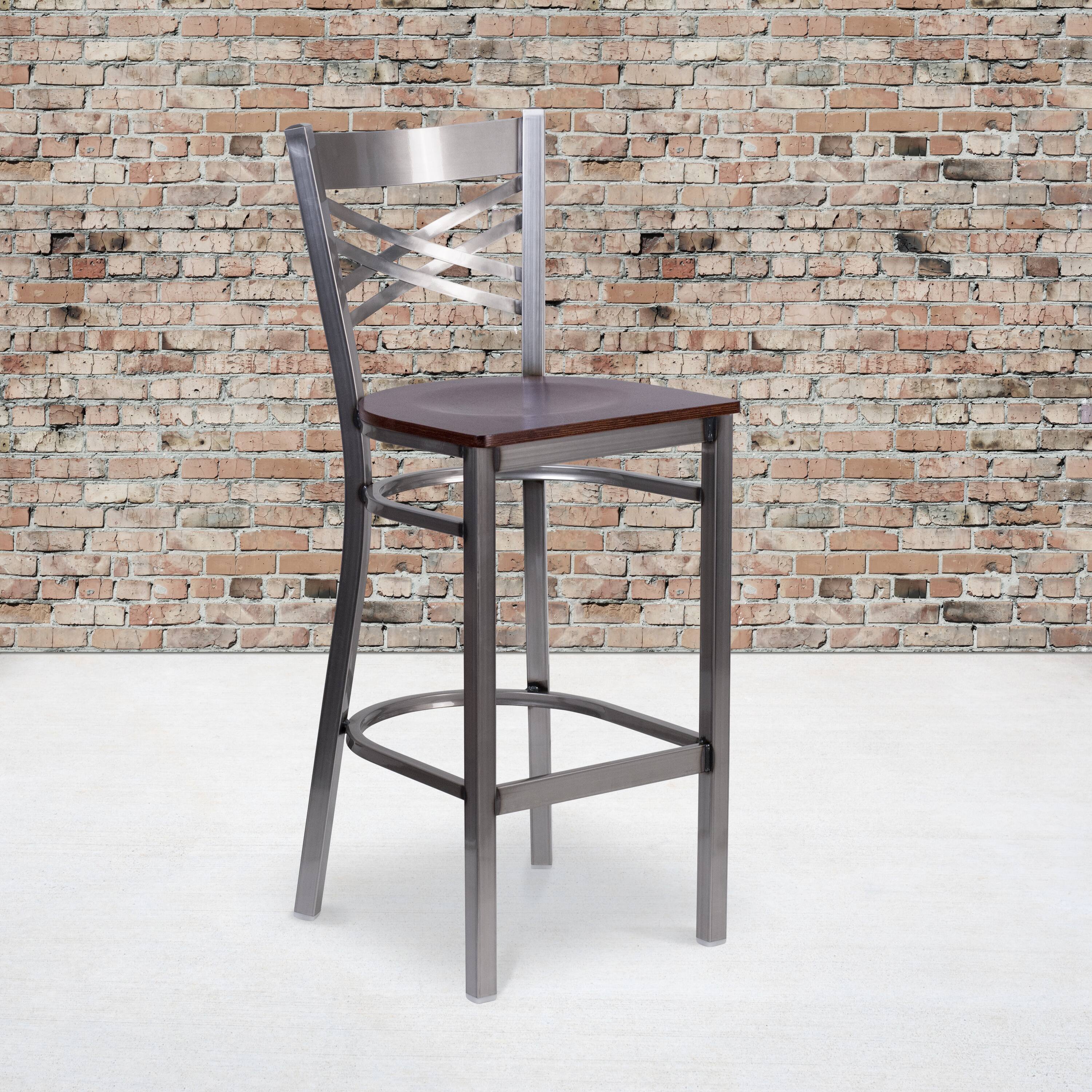 Alt View 2. Emma + Oliver - 2 Pack Clear Coated "X" Back Metal Restaurant Barstool - Walnut Wood Seat/Clear Coated Metal Frame.
