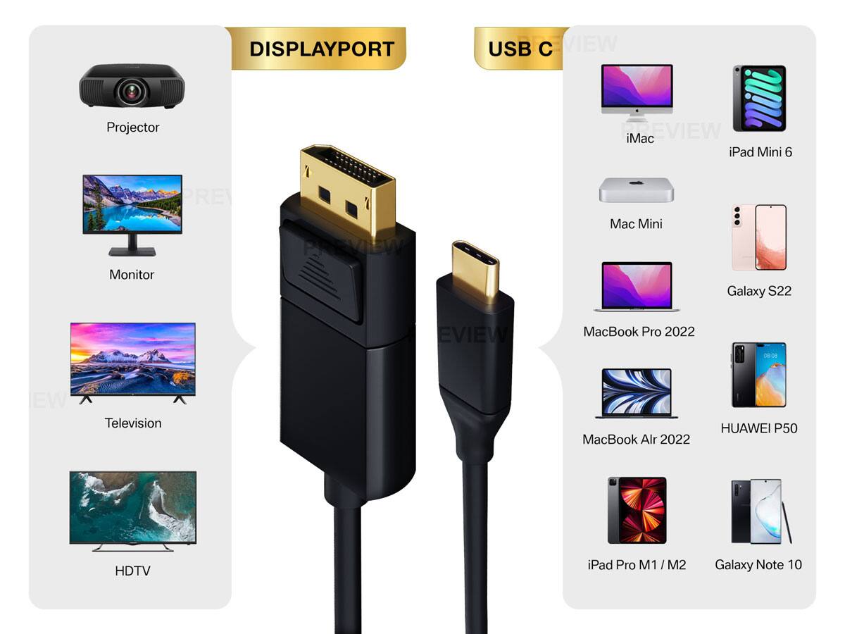 DISPLAYPORT USB C VIEW

- Projector
- Monitor
- Television
- HDTV
- iMac
- iPad Mini 6
- Mac Mini
- Galaxy S22
- MacBook Pro 2022
- MacBook Air 2022
- HUAWEI P50
- iPad Pro M1 / M2
- Galaxy Note 10