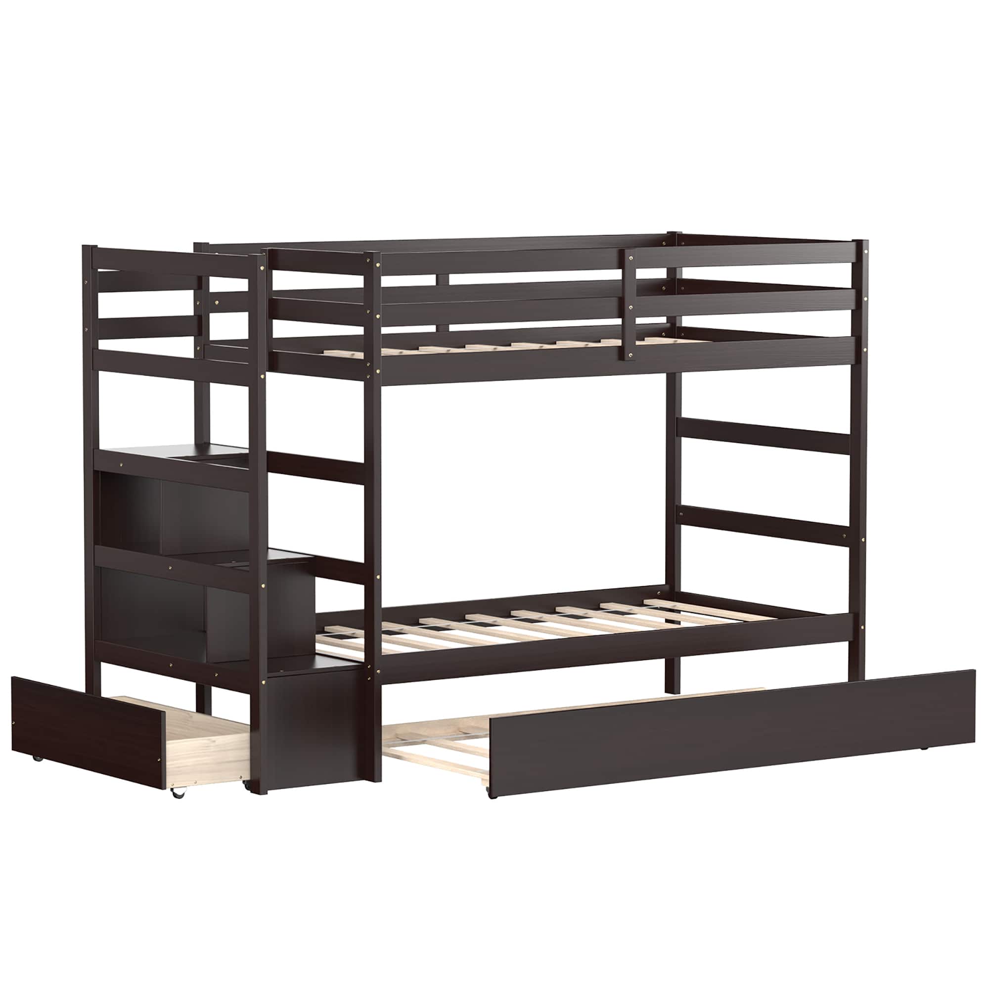 Costway - Twin Over Twin Bunk Bed with Trundle Stairway and Storage Shelf Drawer - Espresso