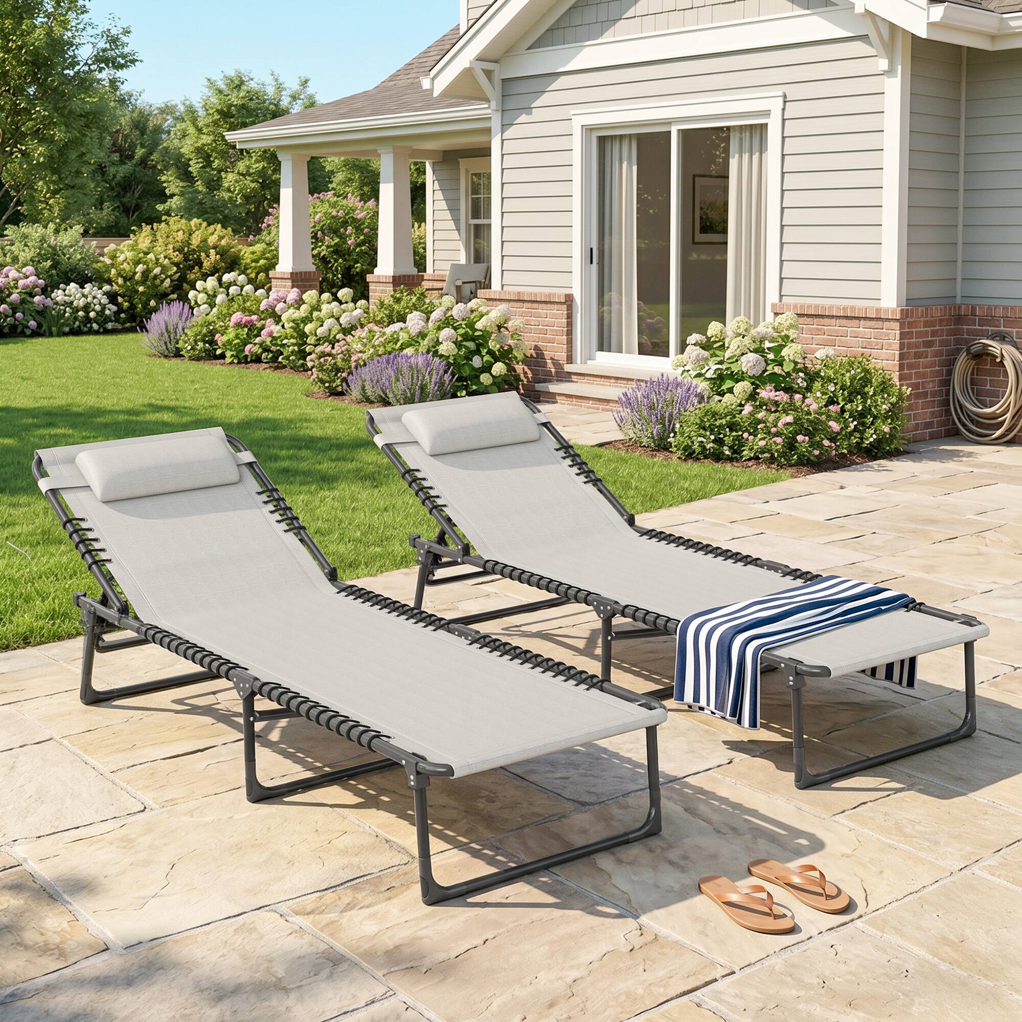 Alt View 1. Outsunny - Folding Chaise Lounge Pool Chairs with 4-Position Reclining Back, Pillow, Breathable Mesh & Bungee Seat - Cream White.