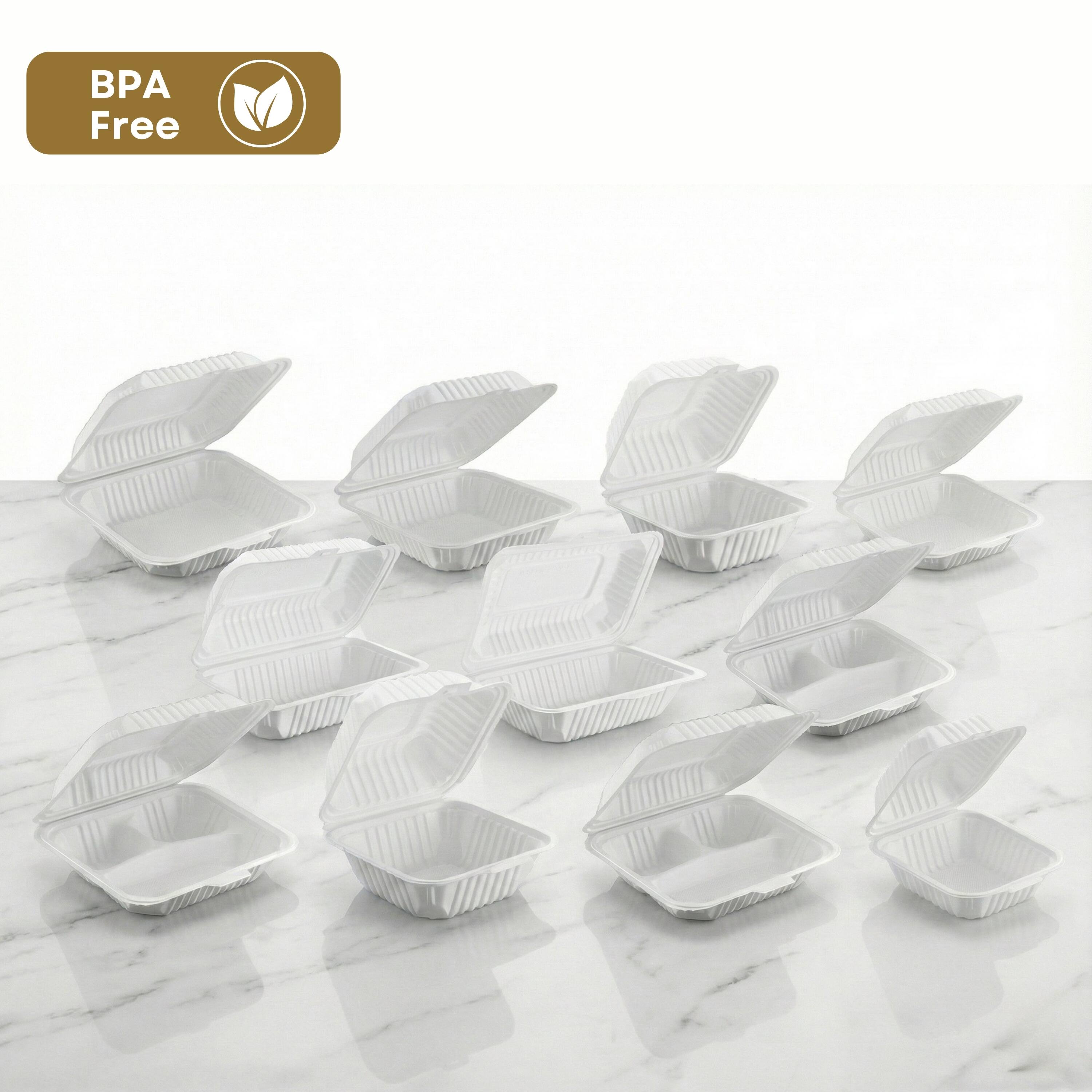 Alt View 2. Eco Harmony Products - Clamshell (MFPP) Hinged Container (Center Slide), 3-compartment, 8.25" x 7.5", 150-Pack - White.