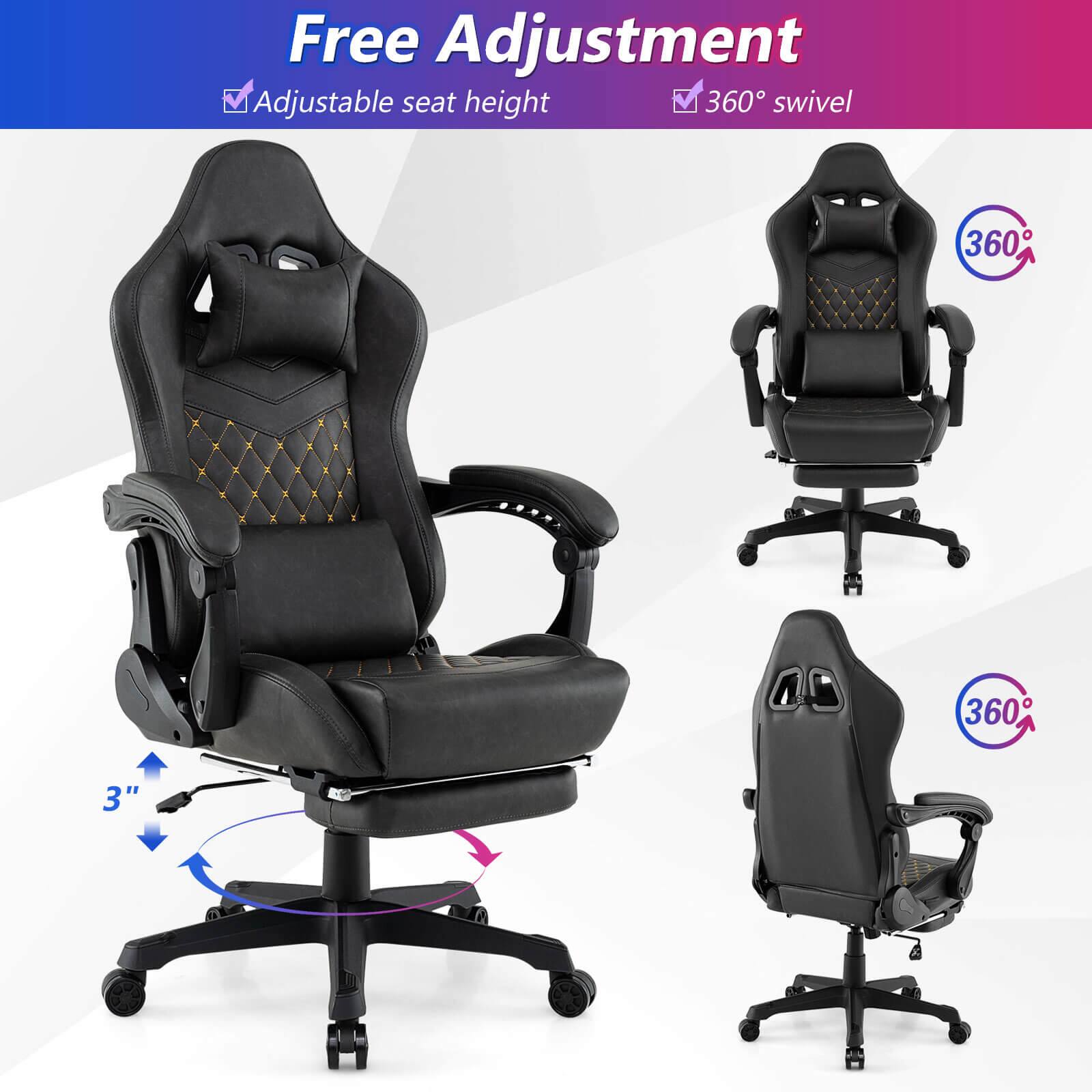 The text on the image reads "Free Adjustment Adjustable seat height 360 swivel 360 3"". This text is describing the features of the black office chair, which includes a free adjustment feature, an adjustable seat height, and a 360-degree swivel. The chair is designed to provide comfort and convenience for the user.
