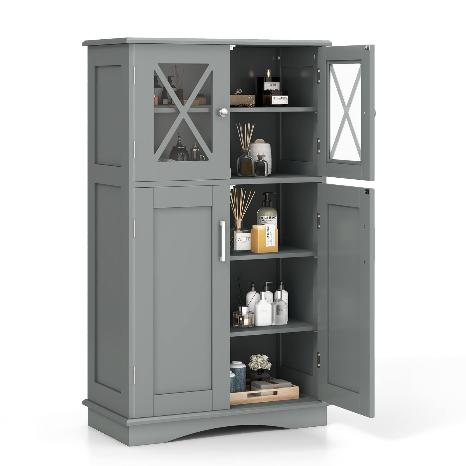 Ecooso - 4-Door Freestanding Bathroom Storage Cabinet with Adjustable Shelves Organizer - Gray