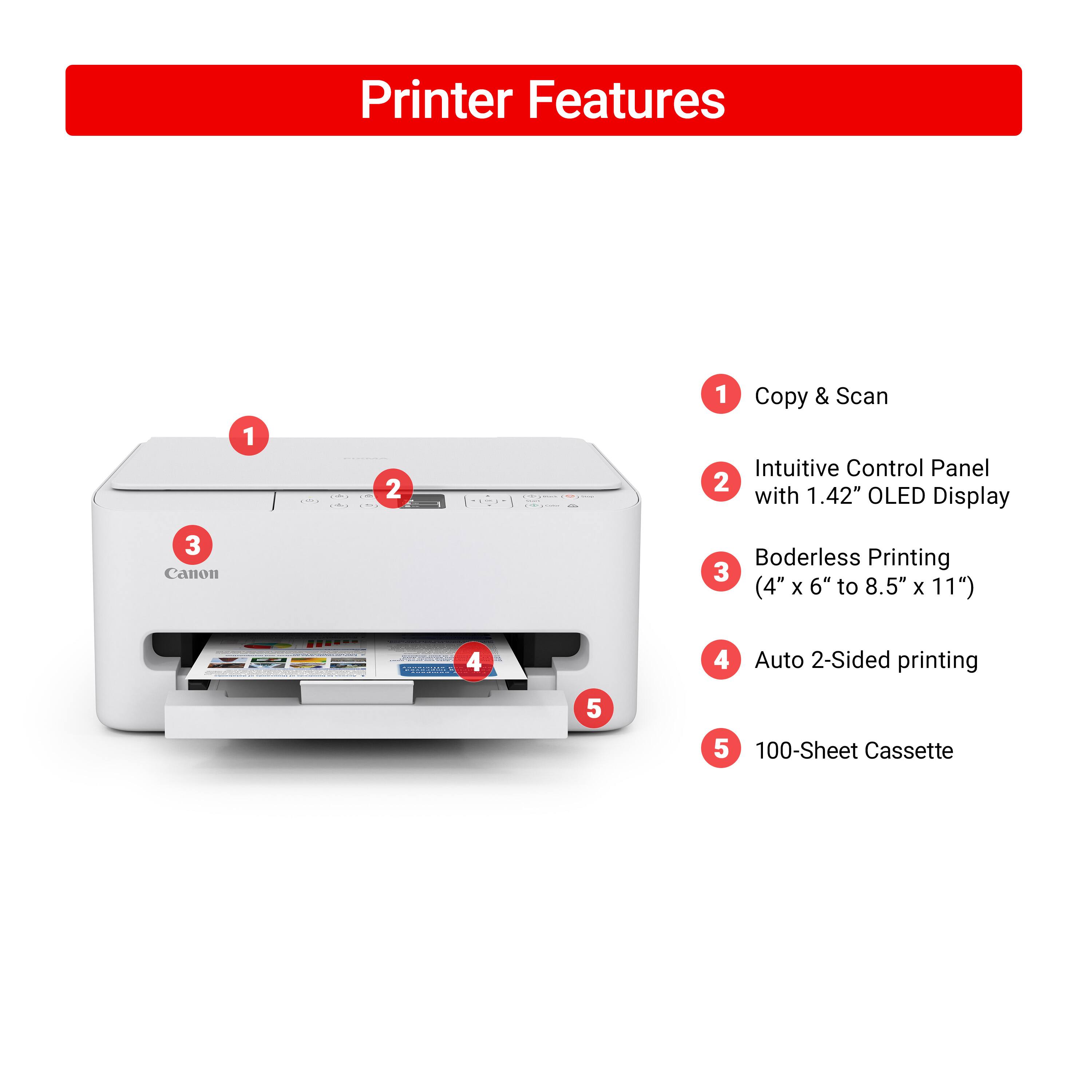 Printer Features

1. Copy & Scan
2. Intuitive Control Panel with 1.42" OLED Display
3. Borderless Printing (4" x 6" to 8.5" x 11")
4. Auto 2-Sided printing
5. 100-Sheet Cassette