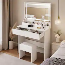 RYHNUYNE - 31 x 20 in Extra Large LED Mirror Vanity Table Set, Touch Switch, 3 Color Lights, Cushioned Stool, Compact Storage - White