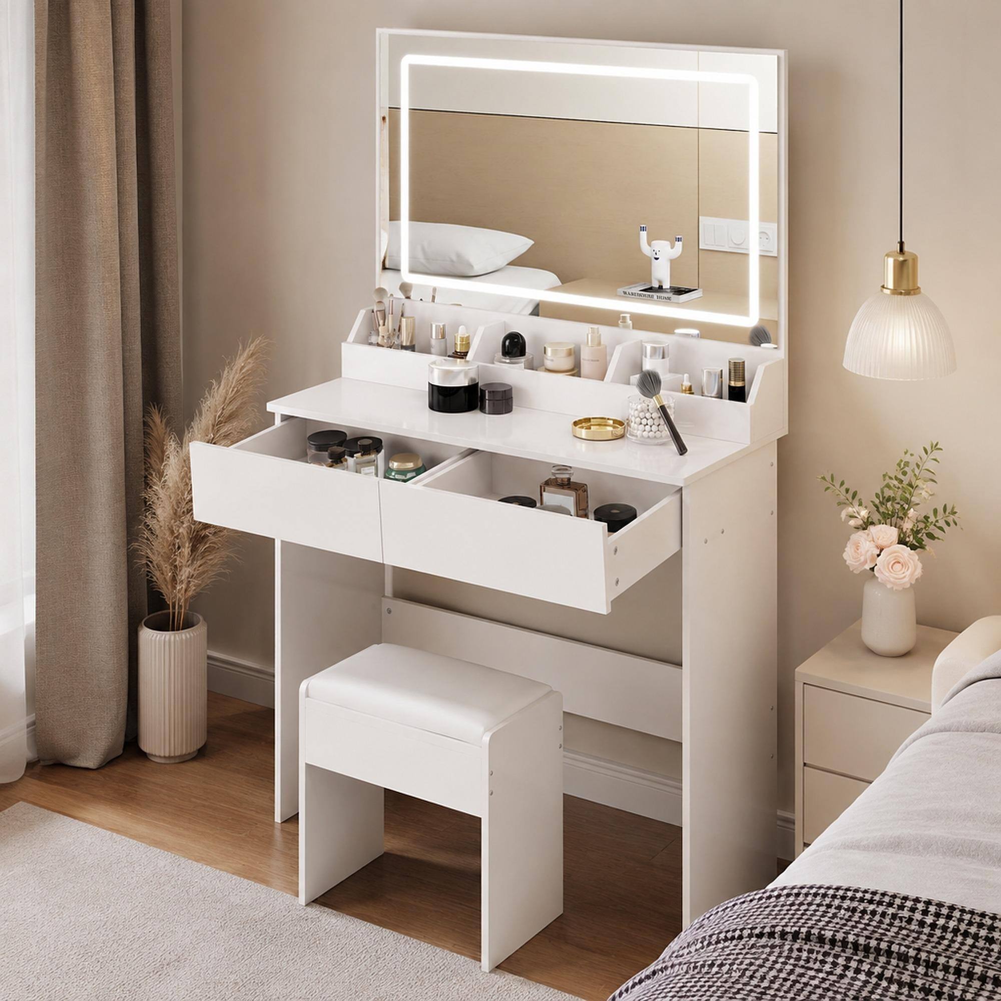 Front. RYHNUYNE - 31 x 20 in Extra Large LED Mirror Vanity Table Set, Touch Switch, 3 Color Lights, Cushioned Stool, Compact Storage - White.