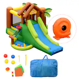 Gymax - Inflatable Bounce House Jungle Jumping Bouncer Double Slides Park w/ Blower
