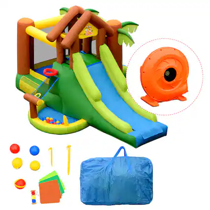 Front. Gymax - Gymax Inflatable Bounce House Jungle Jumping Bouncer Double Slides Park w/ Blower.