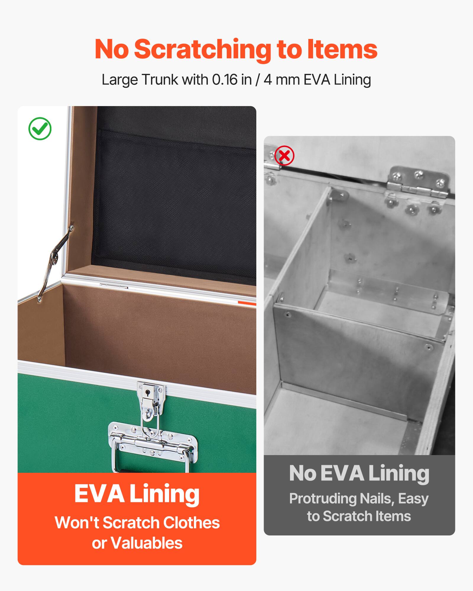 No Scratching to Items  
Large Trunk with 0.16 in / 4 mm EVA Lining  

EVA Lining  
Won't Scratch Clothes or Valuables  

No EVA Lining  
Protruding Nails, Easy to Scratch Items