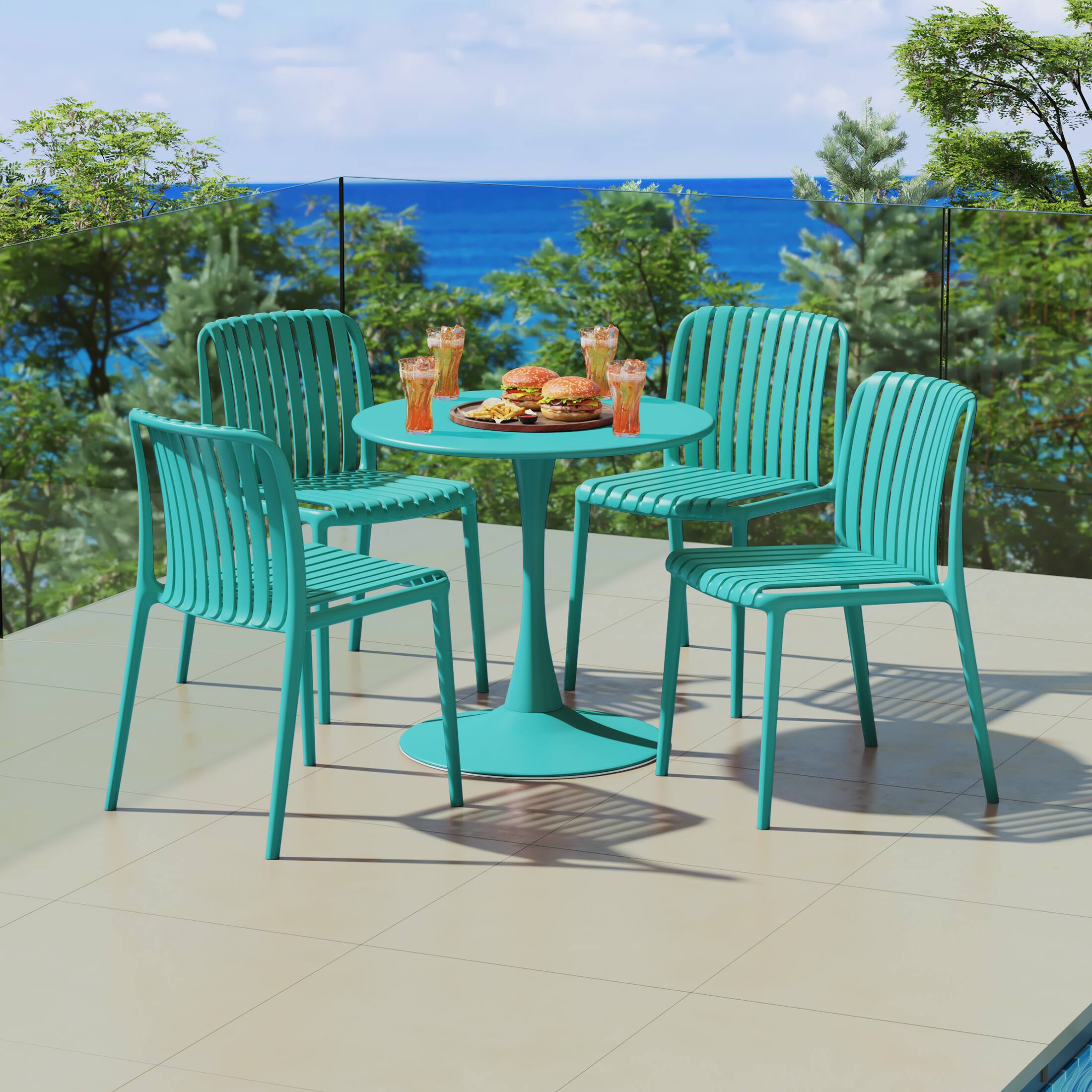 Angle. WestinTrends - WestinTrends Playa 5-Piece Outdoor Metal Dining Table Set And Stackable Resin Patio Chairs - Turquoise.