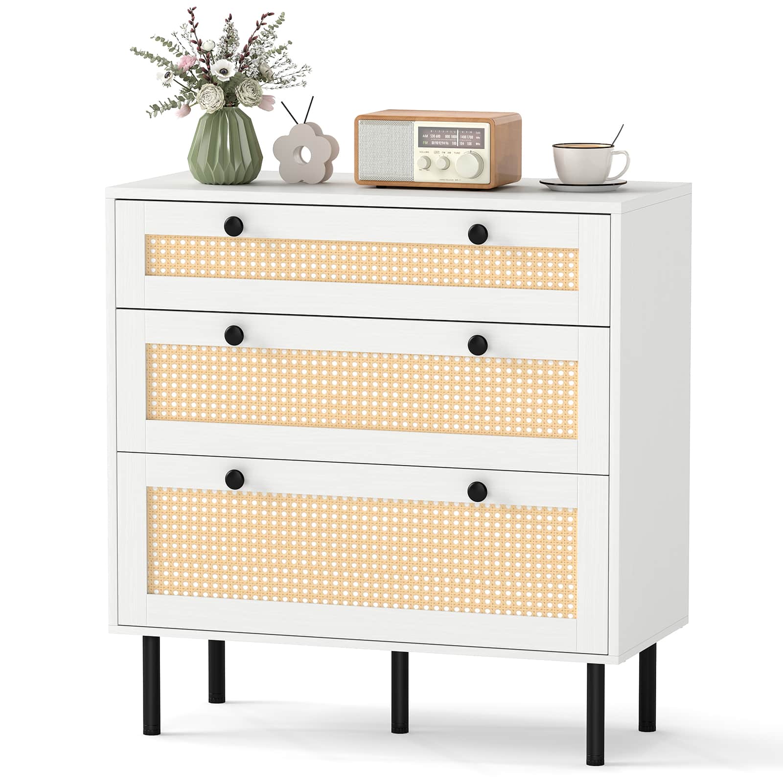 Gymax - Rattan Dresser w/ 3 Drawers Boho Chest of Drawers w/Metal Legs Wide Nightstand - White