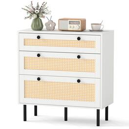 Gymax - Rattan Dresser w/ 3 Drawers Boho Chest of Drawers w/Metal Legs Wide Nightstand - White