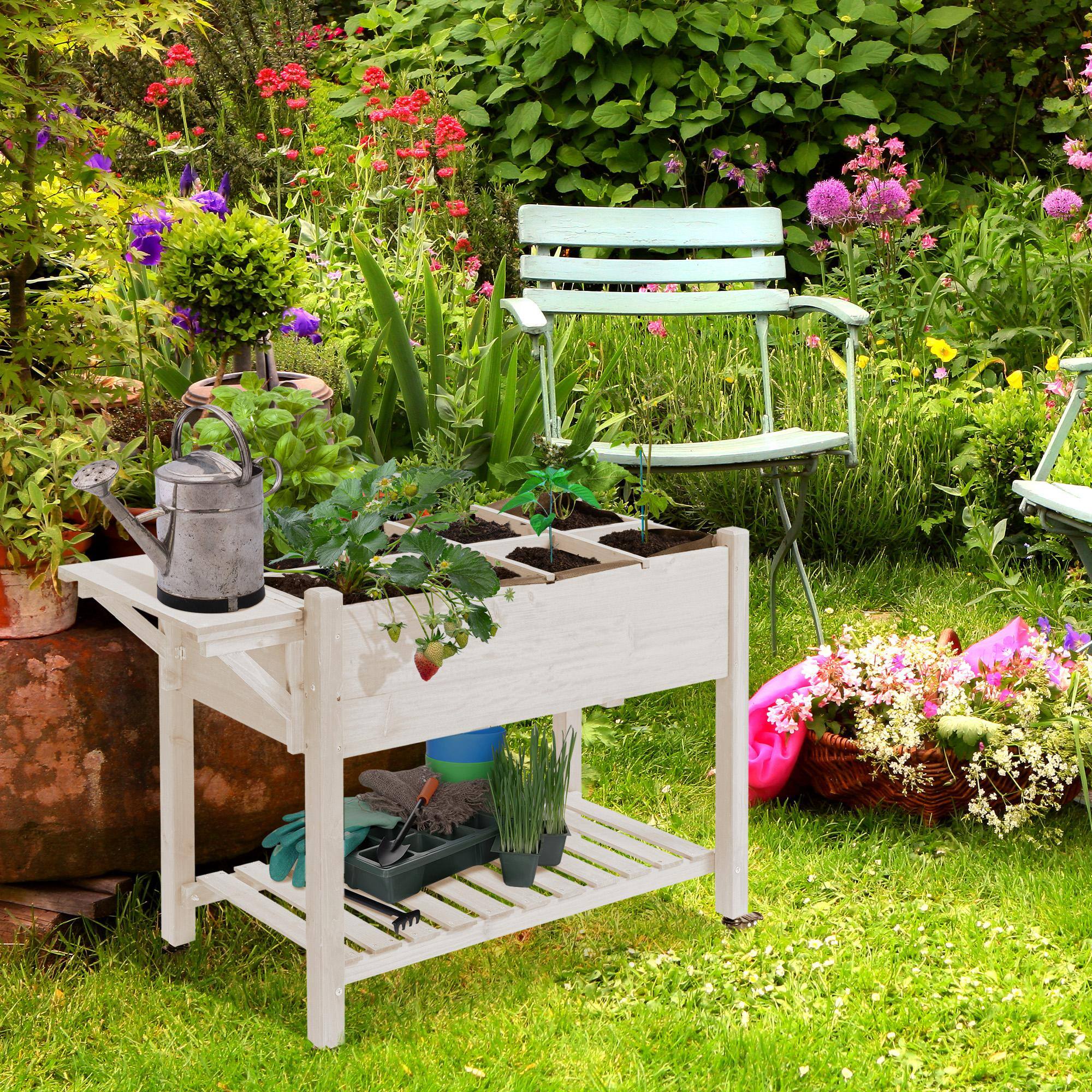 Alt View 1. Outsunny - Raised Garden Bed Planter Box w/ 8 Grow Grids - Natural Wood.