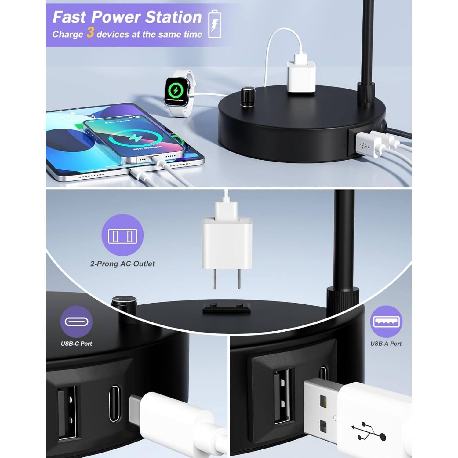 Fast Power Station  
Charge 3 devices at the same time  

- 2-Prong AC Outlet  
- USB-C Port  
- USB-A Port
