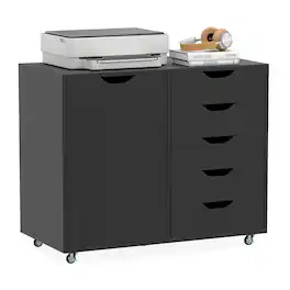 Costway - 5-Drawer File Cabinet with Door, Wheels and 5-Level Adjustable Shelf for Home - Black
