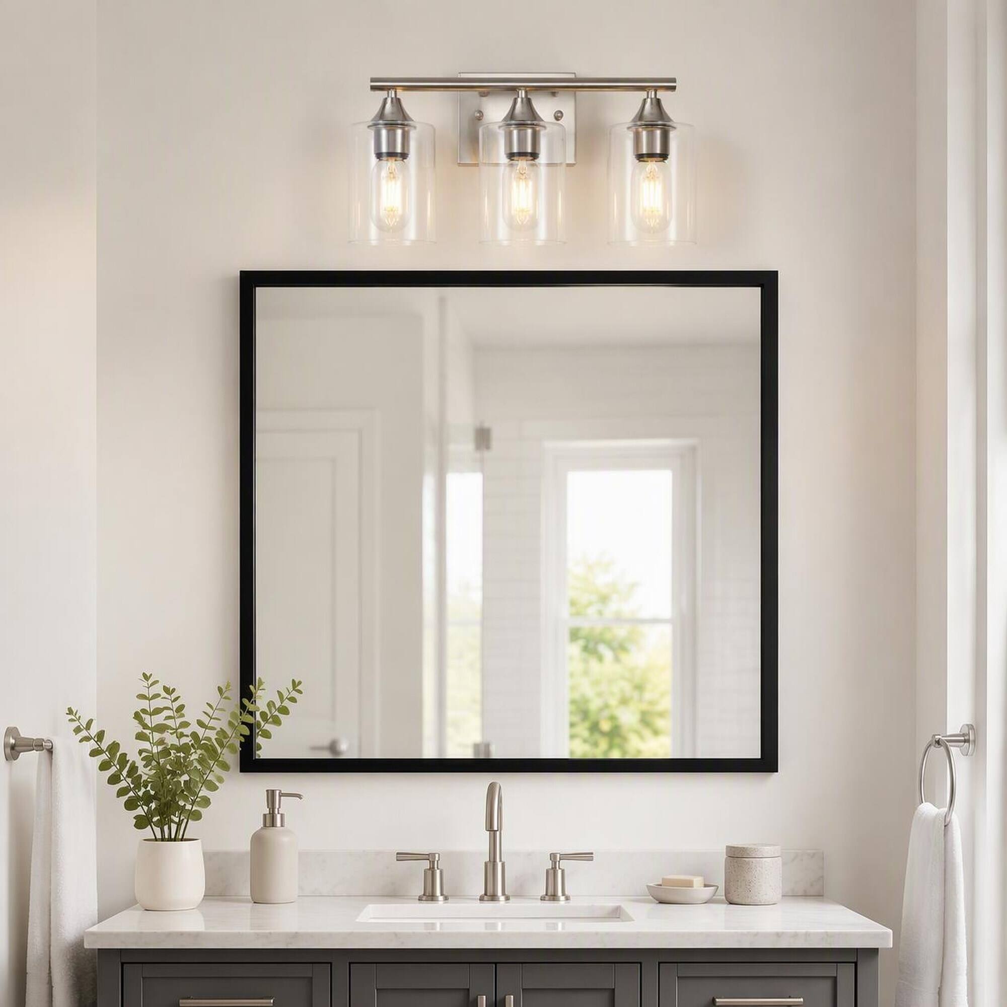 Alt View 1. RYHNUYNE - 3-Light Brushed Nickel Vanity Light with Clear Glass Shades, Moisture-Resistant Iron Frame, Reversible Wall Sconce.