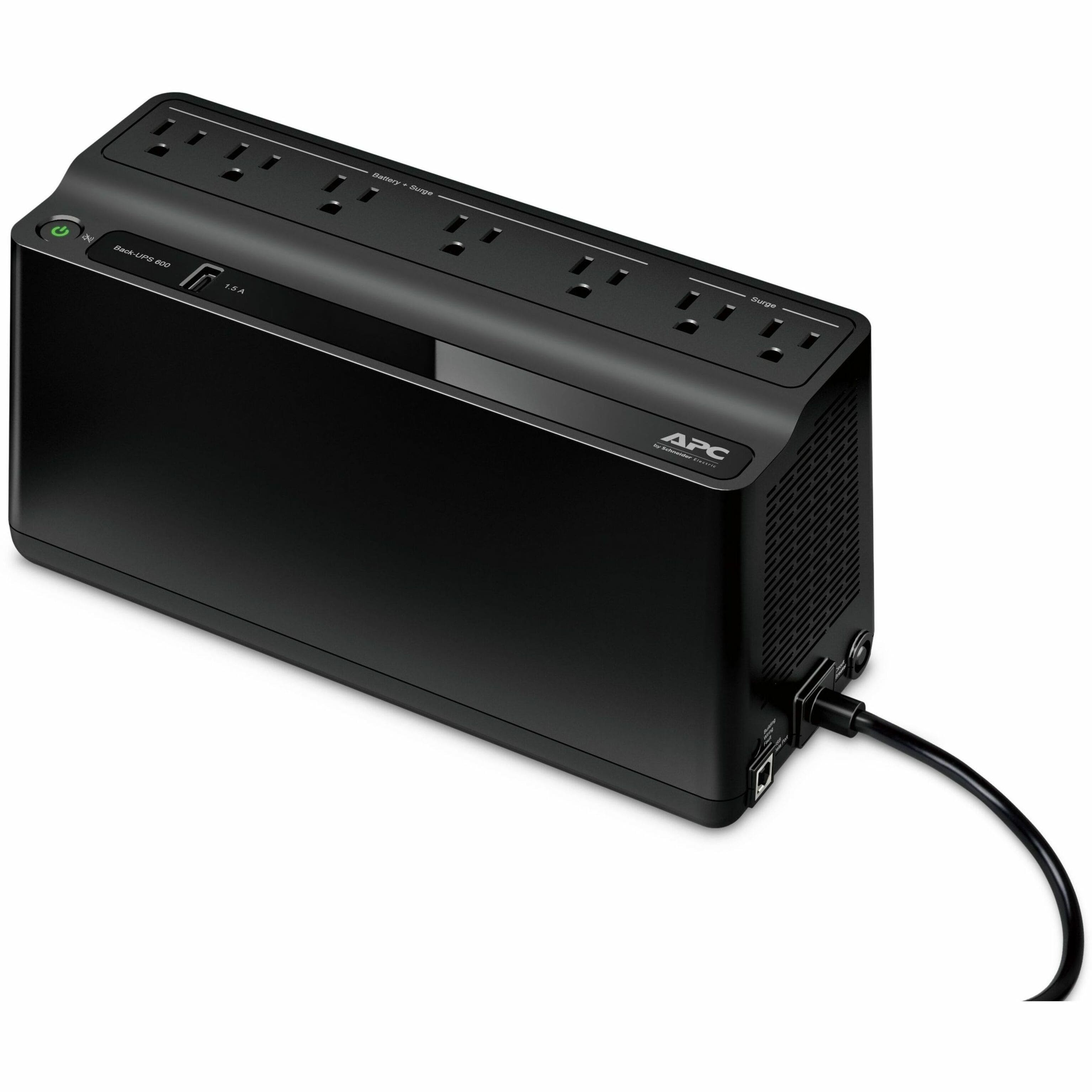 Front. APC - Back-UPS 600VA, 120V, 1 USB charging port, 7 NEMA outlets (2 surge) - Black.