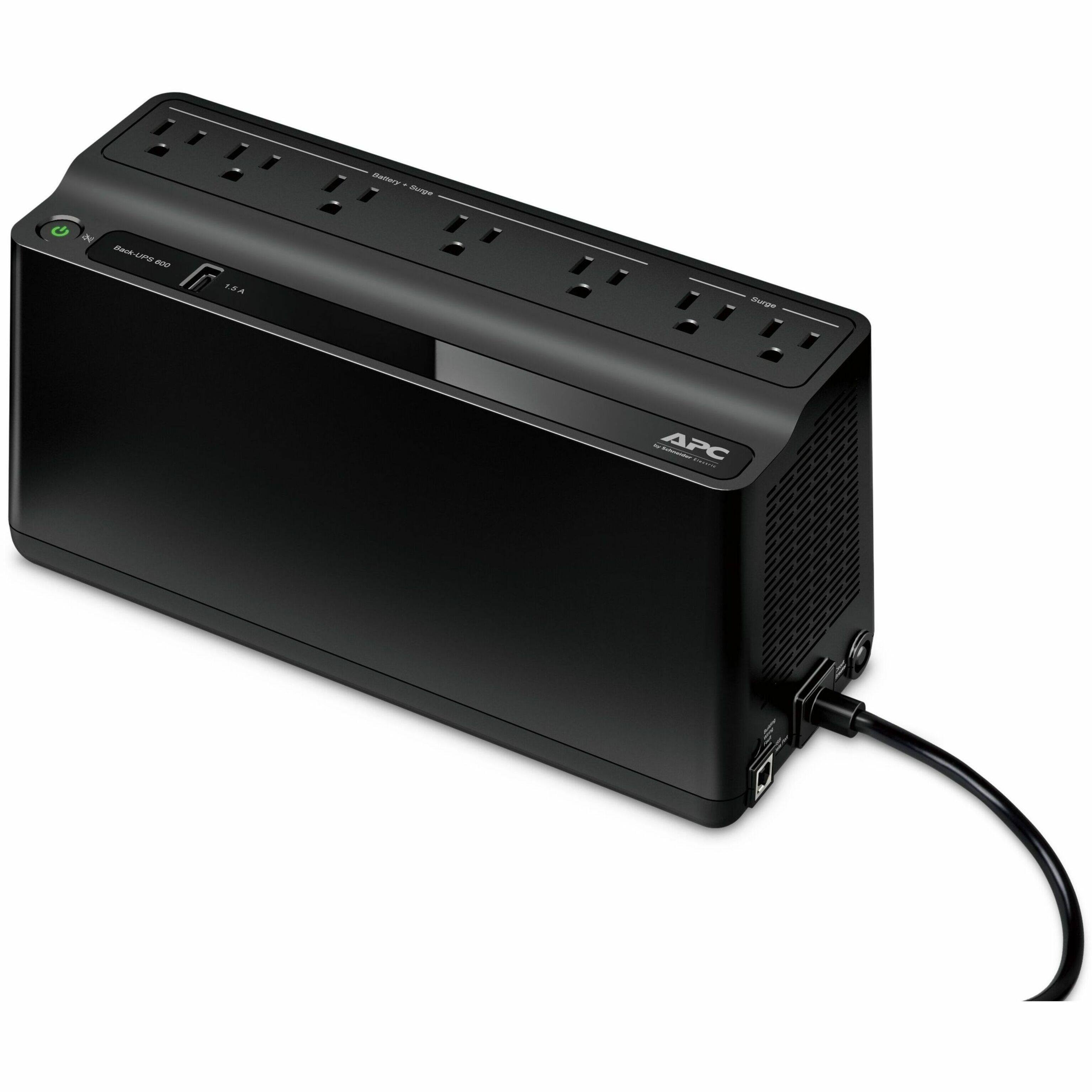 Front. APC - Back-UPS 600VA, 120V, 1 USB charging port, 7 NEMA outlets (2 surge) - Black.